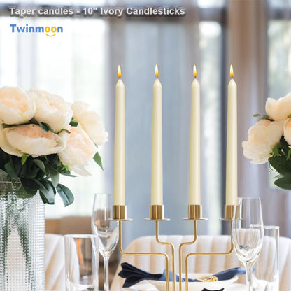 Twinmoon Taper Candles-10 inch Flamecan Tapered Candlesticks Unscented Smokeless Long Burning Candle Sticks 7-8 Hours Paraffin Wax for Party Wedding Dinner Home Decor(Ivory,12 Pack)
