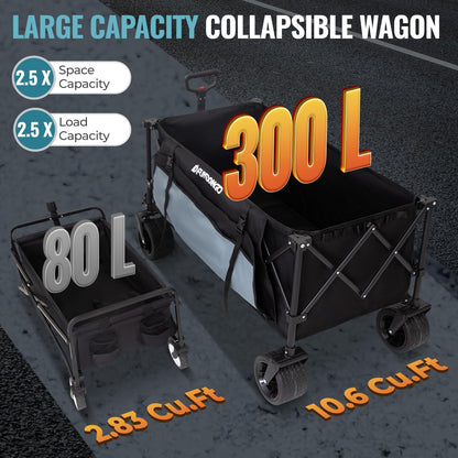 FUNDANGO Heavy Duty Collapsible Wagon 47" L x 24" W, 300L Large Capacity Foldable Cart with Big All-Terrain Wheels for Camping, Beach, Garden & Shopping
