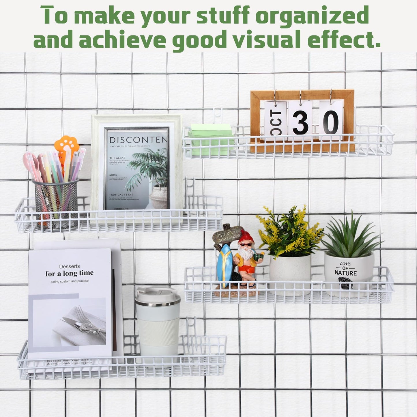 Blulu 4 Pcs 15.75 x 5.91 x 1.97 Inch Metal Grid Wall Baskets with Hooks Grid Wall Shelves Hanging Wire Basket Multi Function Storage Organizer for Kitchen Organizing Display (White)