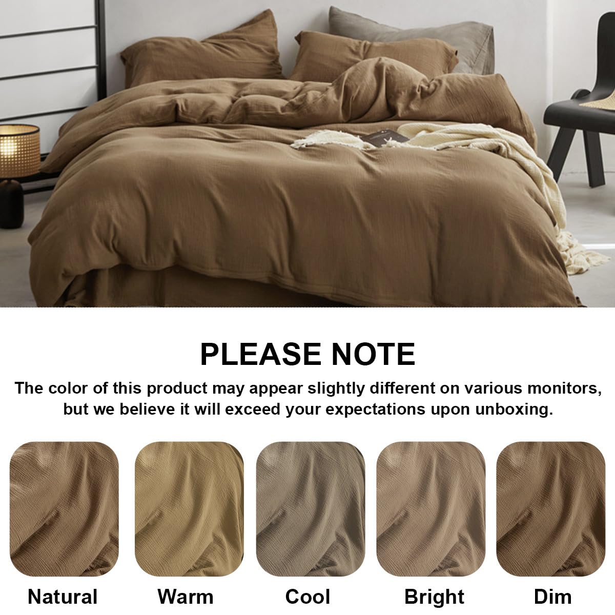 Erwinmu Muslin Duvet Cover Set 100% Cotton Queen Size,Double-Layer Linen Like Gauze Comforter Cover Brown 3 Pieces,Okeo-tex 100 Certified Duvet Cover 90"x90" with 2 Pillowcases for All Season