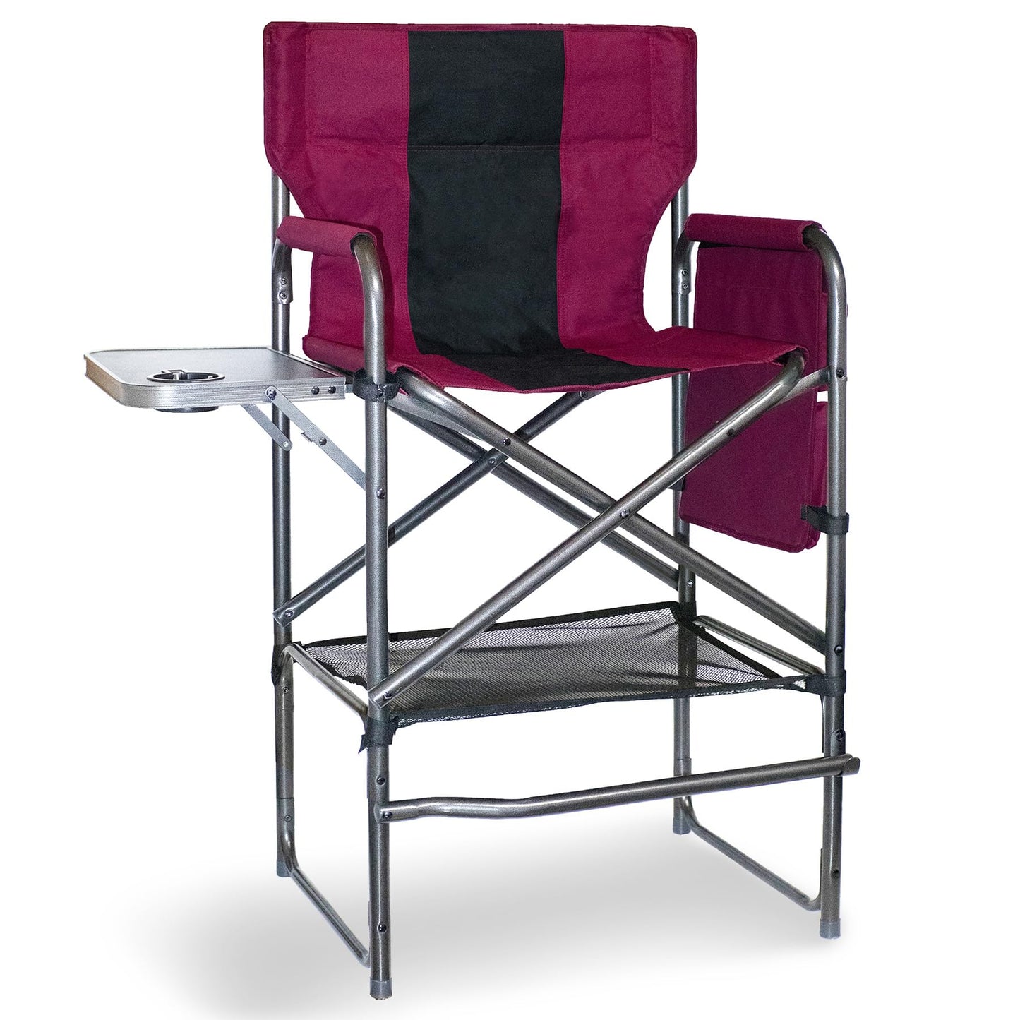 Foristrail 30" Tall Directors Chair with Side Table, 400LBS Bar Height Folding Camping Chair for Makeup Artists, Outdoor Events, Portable Foldable Chair with Cup Holder & footrest - Light Wine Red