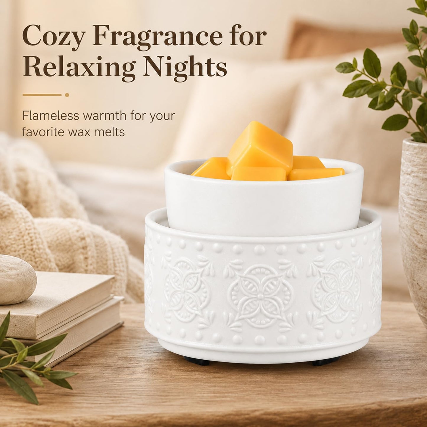 Mocosa Ceramic Candle Wax Melt Warmer for Scented 3-1 Electric Candle Warmer Home Fragrance Burner Perfect Gifts for Mom Women(White-Granular)