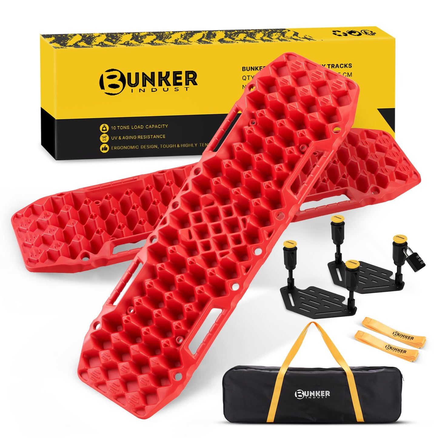 BUNKER INDUST Gen 7th Traction Boards with Mounting Kit, Pair Offroad Recovery Tracks with Jack Base for 4X4 Jeep Truck Tire Traction-Sand,Mud, Snow Ramps (Red)