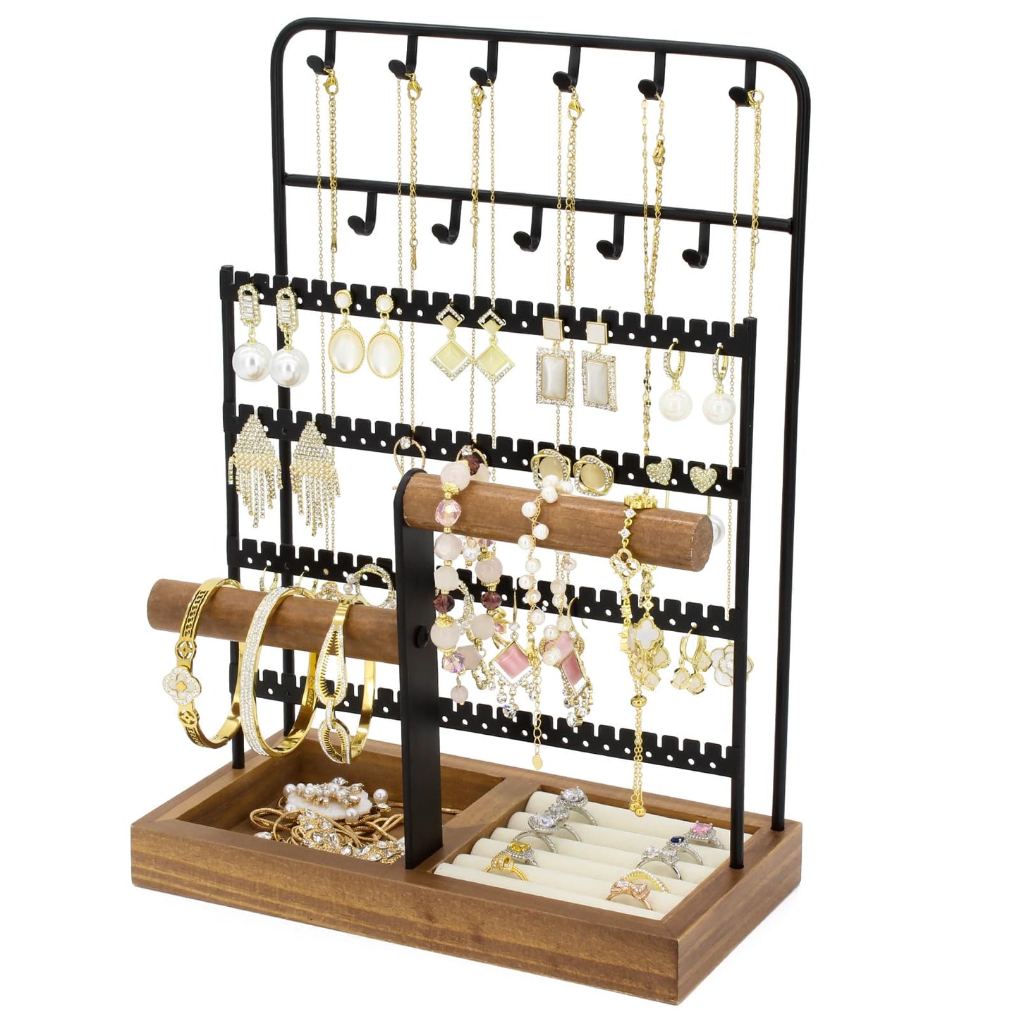 JONKASIPA Jewelry Holder Organizer Stand 4-Tier Necklace Stand Earring Holder with Wooden Tray, Jewelry Rack for Bracelets Watches and Rings Display Stand, Gifts for Women & Girls-Black