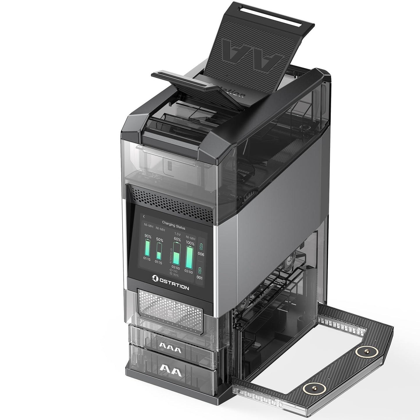 Ostation 2 Pro AA AAA Rechargeable Battery Charger Charging Station, 3 in 1 Smart Polarity-Free Charger Organizer with Touchscreen for NiMH & Lithium, Auto Sort, Stores 24 Batteries (Charger Only)