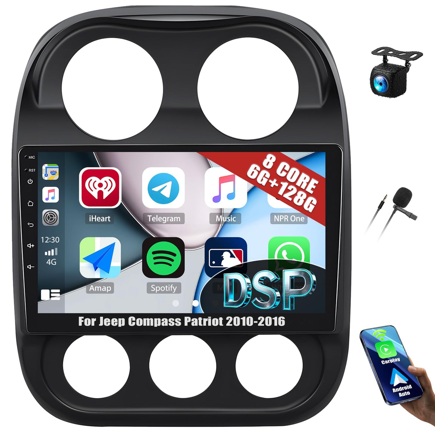 8 Core 6+128G Android 15 for Jeep Compass Patriot 2010-2016 A-pple Car Stereo Radio with Wireless CarPlay Android Auto, 10”1280×720P IPS Touchscreen Bluetooth 5.0 GPS WiFi 32EQ DSP 59UI Rear Camera