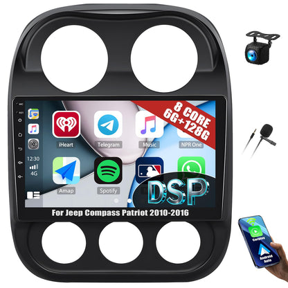 8 Core 6+128G Android 15 for Jeep Compass Patriot 2010-2016 A-pple Car Stereo Radio with Wireless CarPlay Android Auto, 10”1280×720P IPS Touchscreen Bluetooth 5.0 GPS WiFi 32EQ DSP 59UI Rear Camera