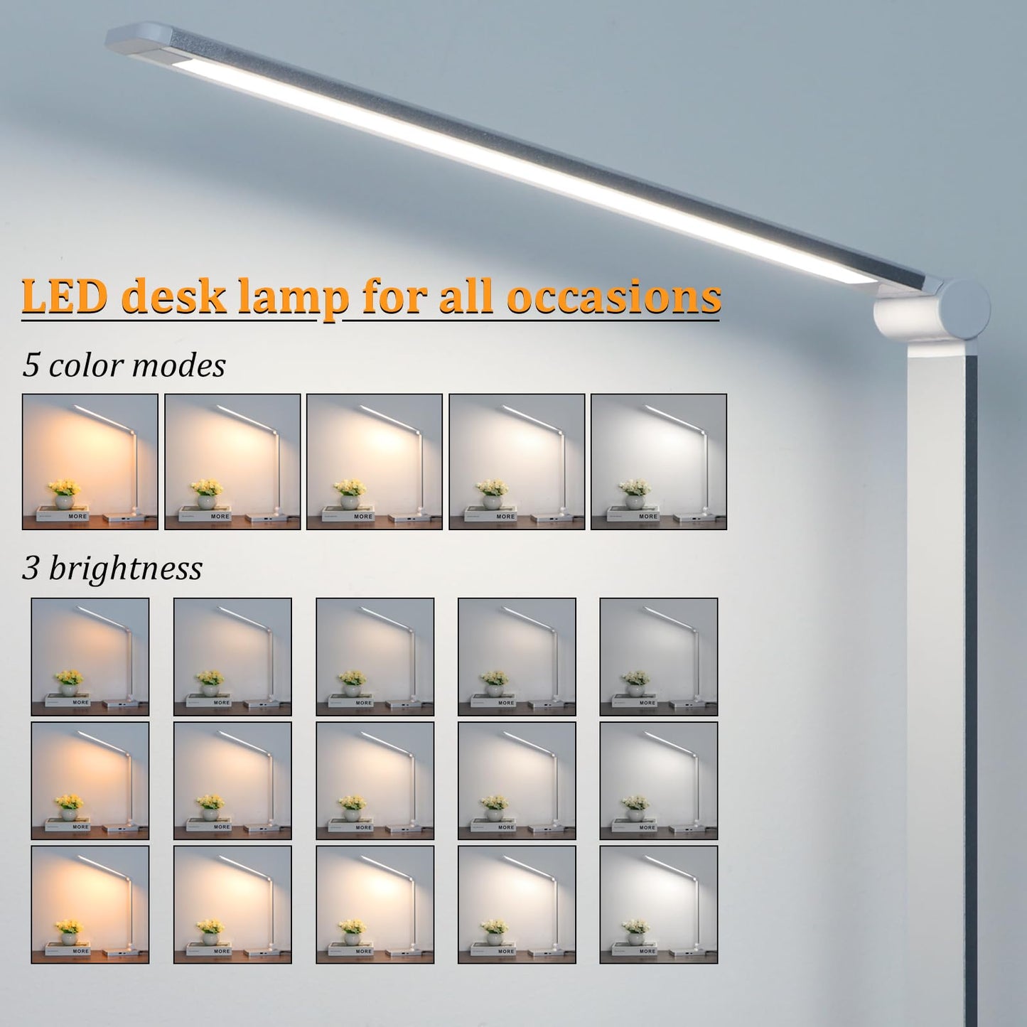 LED Desk Lamp with USB Ports,Touch Desk Lamps for Home Office with 5 Color Modes,3 Brightness Desk Light with Small Night Light,Reading Lamp Table Lamp for Bedroom Bedside Study Black （with adapter）