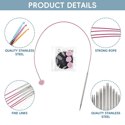 Froggod 4.5-Inch Aluminum Lace Interchangeable Circular Knitting Needle Set, Sizes US 1, 1.5, 2, 2.5, 4, 5, 6, 7 Interchangeable Knitting Needles Lace-Tip with 4 Assorted Cables with Project Bag