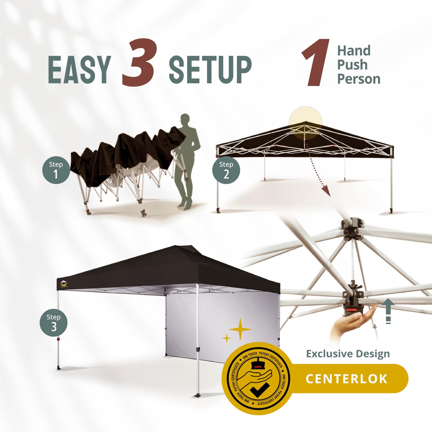 CROWN SHADES Pop Up Canopy with 1 Side Wall - Beach Tent with One Push Setup - Outdoor Sun Shade for Events, Parties, Camping - Gazebo with STO-N-Go Cover Bag, Black, 12x12FT