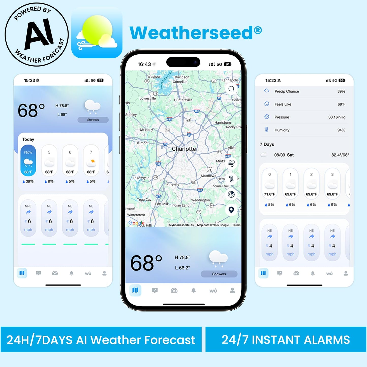 Sainlogic Smart WiFi Weather Station with Rain Gauge and Wind Speed, 24/7 AI Weather Forecast by Weatherseed®, Wireless Indoor Outdoor, APP Alerts, 2-Year Data Export (2.4GHz WiFi Only)