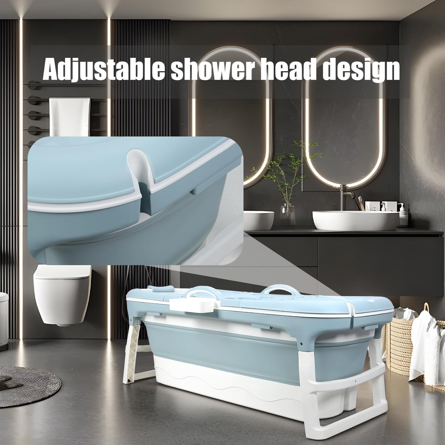 Fukursul 50" Large Folding Bathtub for Adults – Portable PP Tub with Back Cushion, Storage Basket & Thermal Cover, for Hot Bath or Ice Plunge (Blue-5, 50in)