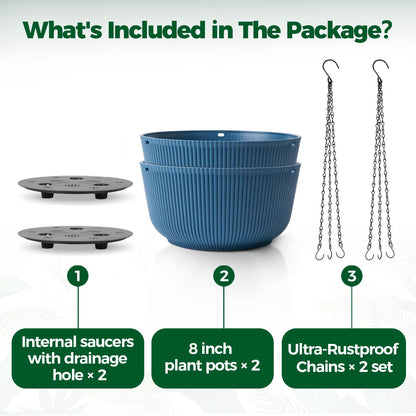 T4U 8 Inch Hanging Planters for Indoor Outdoor Plants, Self Watering Hanging Pot Pack of 2, Hanging Pots with Drainage Hole & Plug & Chain with 3 Hooks for Garden Home Decor, Blue