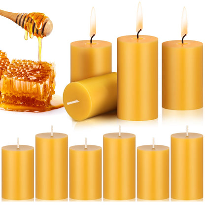 Threlaco 10 Pcs Pure Beeswax Candles Set Natural Unscented Beeswax Pillar Candle 2 x 3 Inch 2 x 4 Inch Smokeless Bees Wax Long Burn Time Scentless Candles for Prayer Room Decoration Home Relax