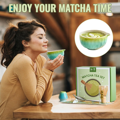 Matcha Whisk Set 7 Pcs, Matcha Kit with Bowl, Whisk and Holder, Bamboo Scoop, Scoop Rest, Sifter & Tea Towel, matcha Tea set Gifts for Matche Lovers Making Latte Breakfast