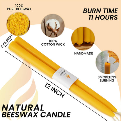 AGLARY 10 Pack Natural Yellow Pure Beeswax Taper Candles， 12-Inch, Unscented with Cotton Wicks - Air Purifying, Recyclable Paper Box.