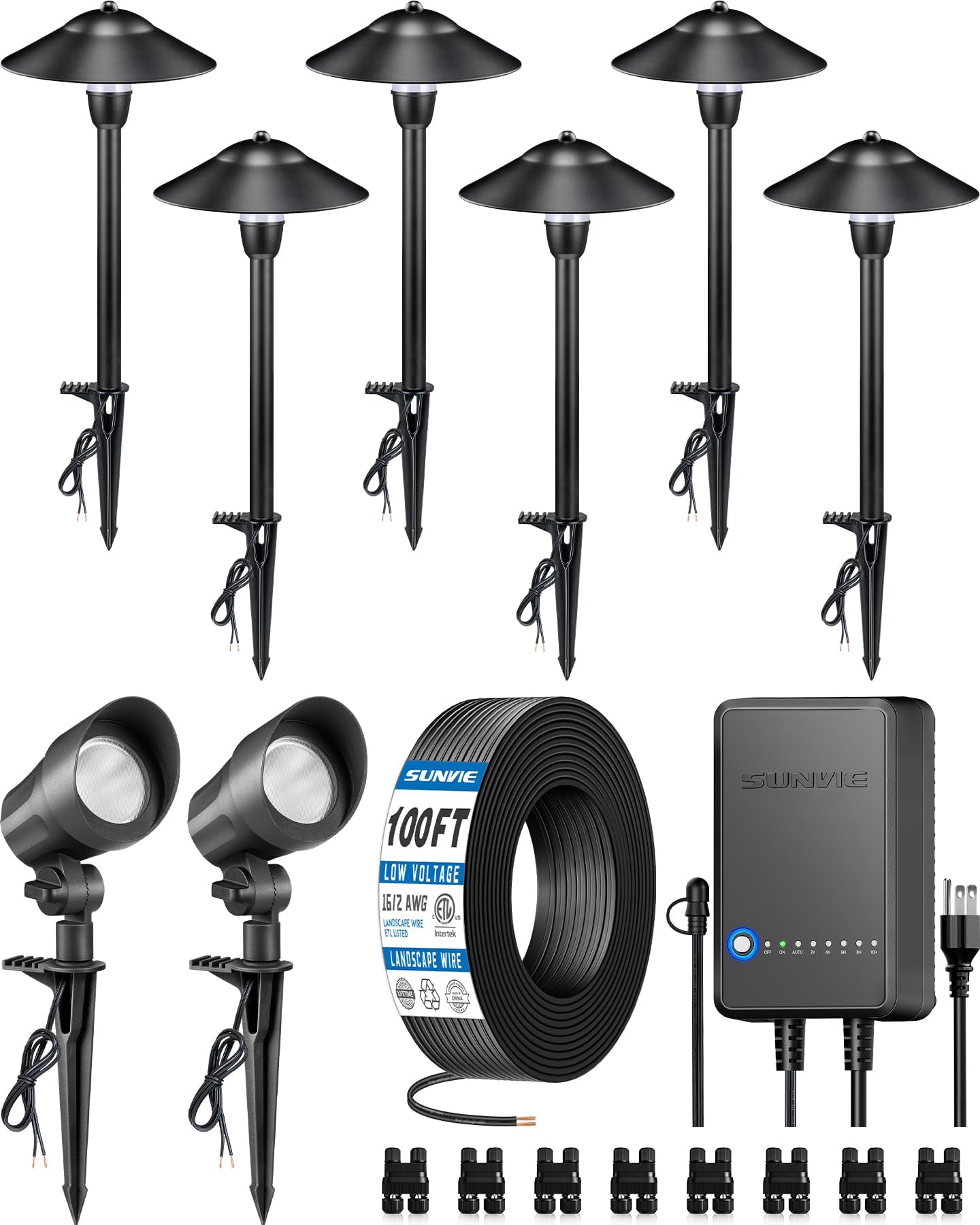 SUNVIE All-in-ONE Landscape Lighting Kit 6-Pack LED Outdoor Pathway Lights, 2-Pack Spotlights, 60W Transformer, 100FT 16/2 AWG Wire and Connectors Outdoor Landscape Lighting for Walkway Garden Yard