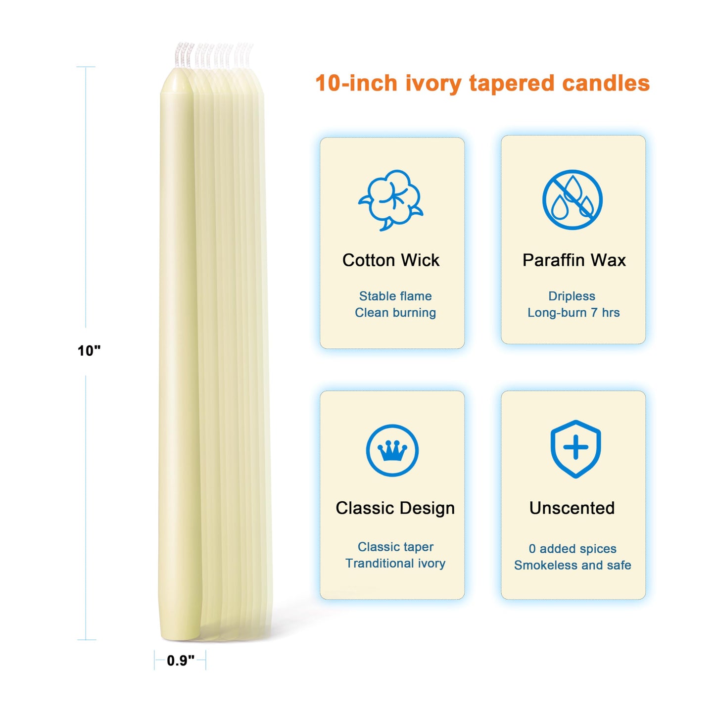 Twinmoon Taper Candles-10 inch Flamecan Tapered Candlesticks Unscented Smokeless Long Burning Candle Sticks 7-8 Hours Paraffin Wax for Party Wedding Dinner Home Decor(Ivory,12 Pack)