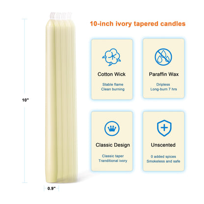 Twinmoon Taper Candles-10 inch Flamecan Tapered Candlesticks Unscented Smokeless Long Burning Candle Sticks 7-8 Hours Paraffin Wax for Party Wedding Dinner Home Decor(Ivory,12 Pack)