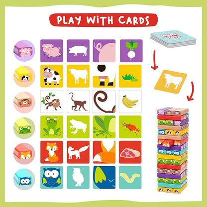 Nene Toys Wooden Tumble Tower Game with Animals &amp Colors 4-in-1 Educational Family Board Game for Kids Ages 3-9 Creativity &amp Cognitive Skills Booster - Gift for Boys Girls 3+ Years