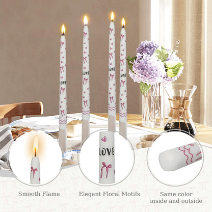 Pink Bow Heart Taper Candles -2 Pcs Unscented 10 Inches Long Candlesticks Flower Print Tapered Candle for Home Party Wedding Restaurant Holiday Decor