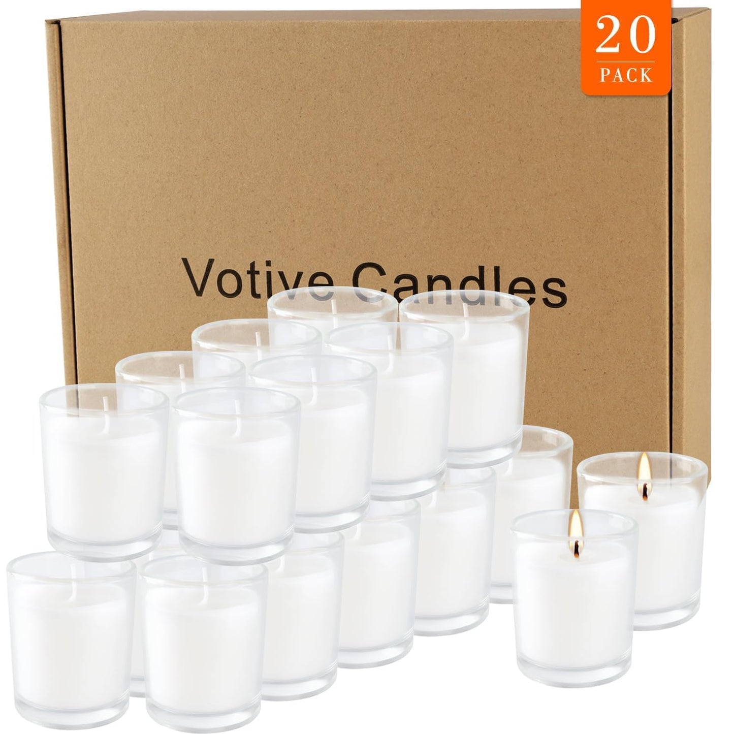 Wfmolcand 20 Pack Unscented White Clear Glass Filled Votive Candles | Soy Wax, Smokeless, Hand Poured Wax Candles Ideal for Aromatherapy, Spa, Weddings, Birthdays, Holidays & Party Decor