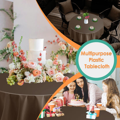 Kongdaoth Brown 12 Pack Plastic Tablecloths 84" Disposable Round Table Cloth Plastic Table Cover for Party Disposable Tablecloths