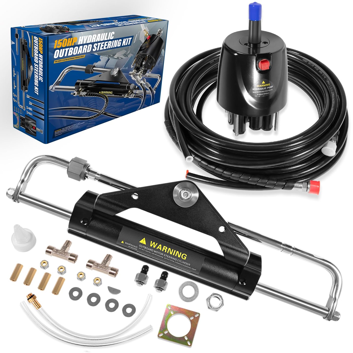 Hydraulic Steering Kit 150HP for Outboard Boat Engines -409.7kgf Output,26.8ft Cuttable Hose,6.9MPa Helm, Dual-Lock Cylinder -For Yamaha/Mercury/Honda/Suzuki/Single Engine Outboards,For 3/4" Tilt Tube