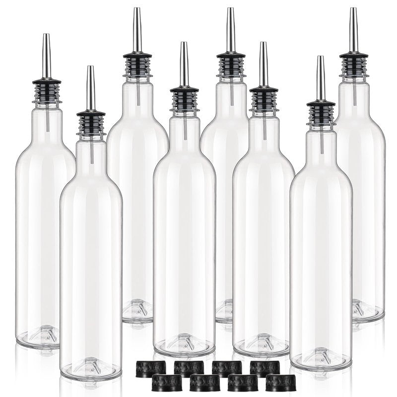 RimCereal 8 Pack 25 oz Syrup Bottle Plastic Long Neck Bottle with Stainless Steel Leakproof Tapered Spout Pourer and Cap Alcohol Juice Coffee Container for Home Bar Service Bartending Supplies