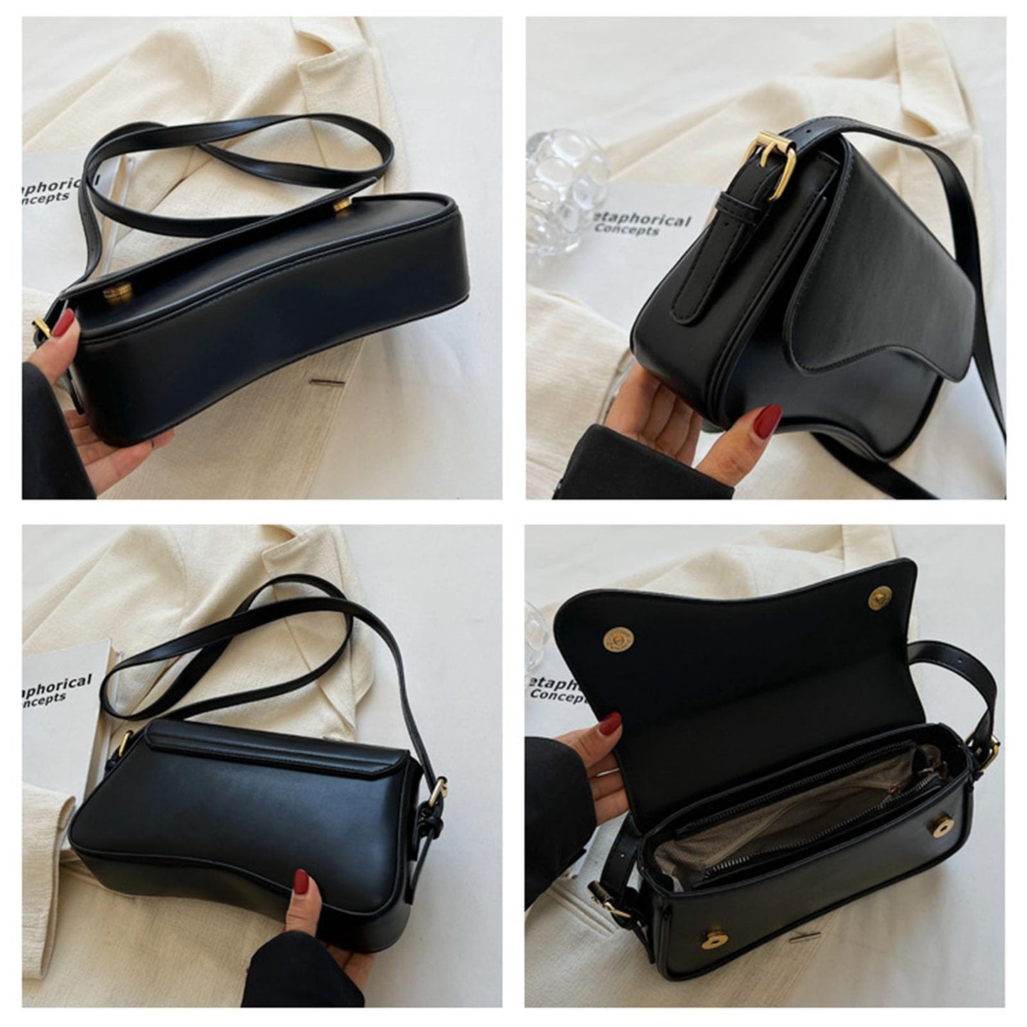 Shoulder Bag for Women Y2K Trendy Purse Vegan Leather Hobo Handbags Clutch Saddle Bag with 2 Removable Strap (black)