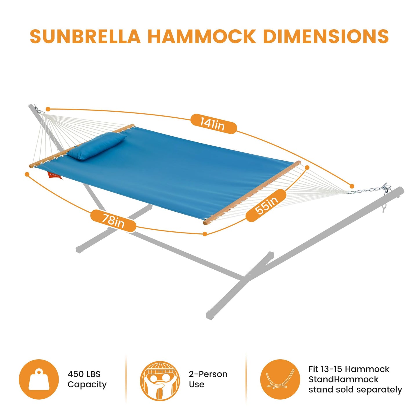 Lazy Daze Hammocks 12 FT Sunbrella Fabric Hammock non-fading with Spreader Bars and Free Pillow Fits for 2 Persons, All Weather and Fade Resistant for Patio Yard, 450 lbs Capacity, Canvas Pacific Blue