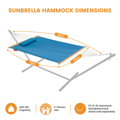 Lazy Daze Hammocks 12 FT Sunbrella Fabric Hammock non-fading with Spreader Bars and Free Pillow Fits for 2 Persons, All Weather and Fade Resistant for Patio Yard, 450 lbs Capacity, Canvas Pacific Blue