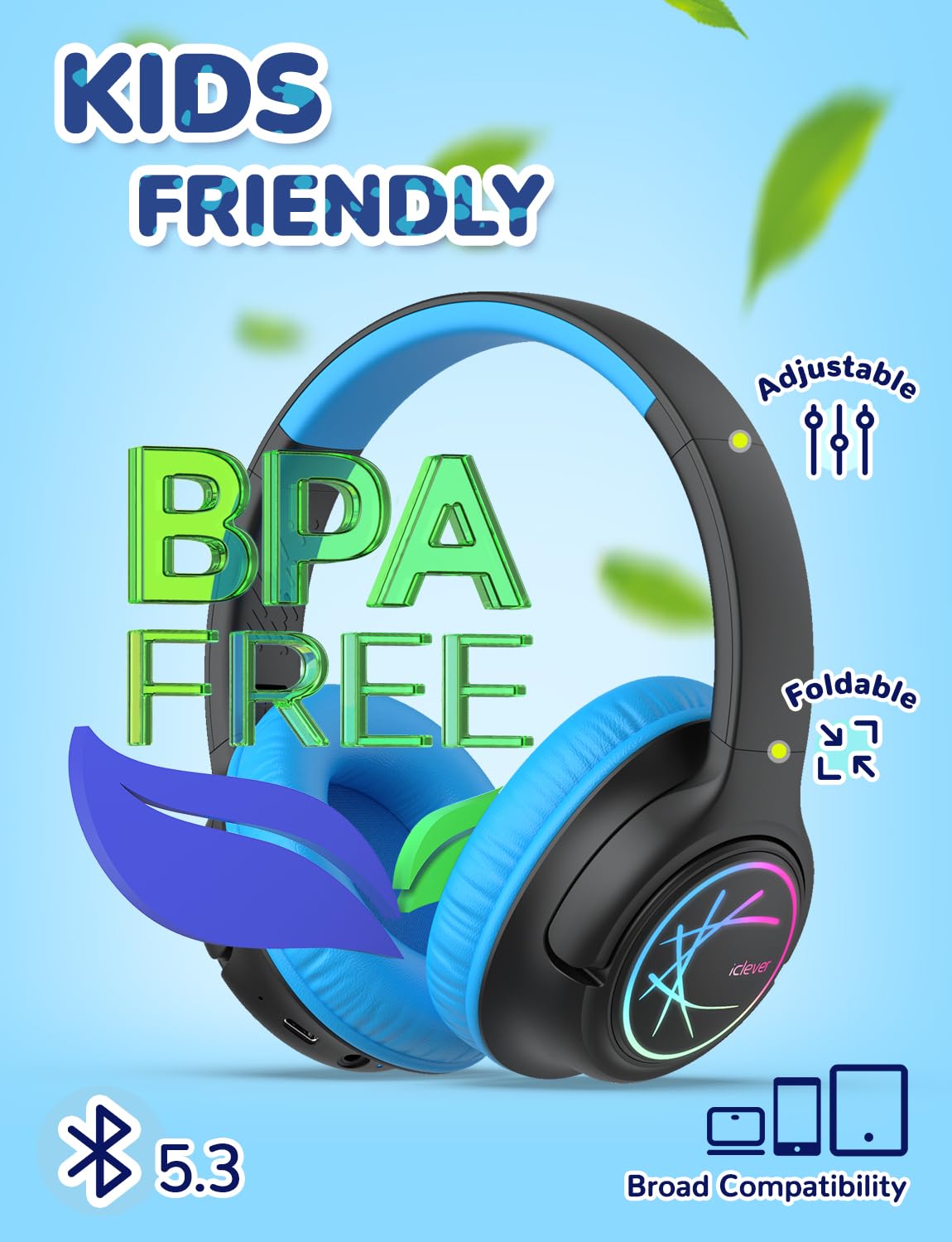 iClever Kids Bluetooth Headphones with LED Lights, BTH18 Safe Volume 74/85dBA, 43H Playtime, Bluetooth5.3 Kids Headphones Wireless Aux Cord for iPad Tablet Travel School, Black