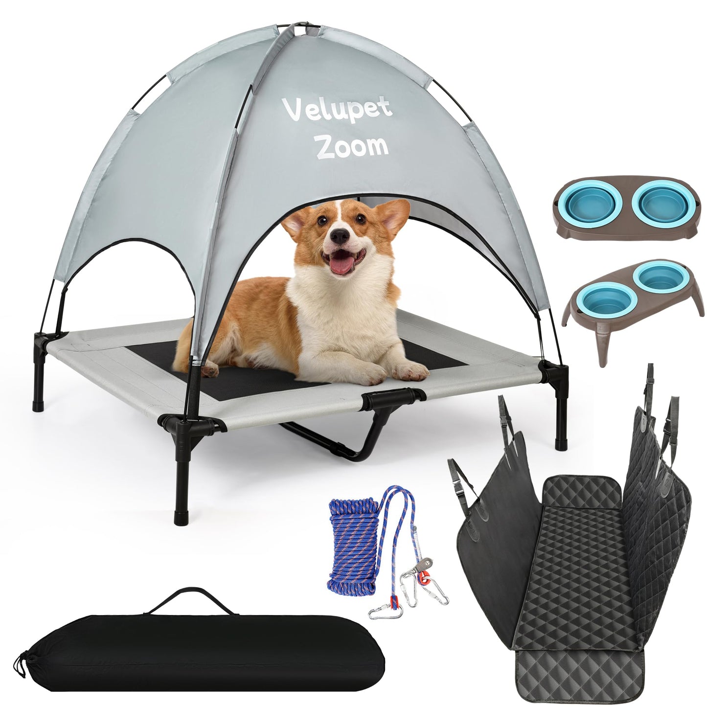 Velupet Zoom 4-in-1 Pet Travel & Outdoor Set, Include 48in Gray Elevated Dog Bed with Canopy, Dog Canopy Bed, Pet Back Seat Cover, 50ft Tie Out Cable, Collapsible Double Pet Bowls