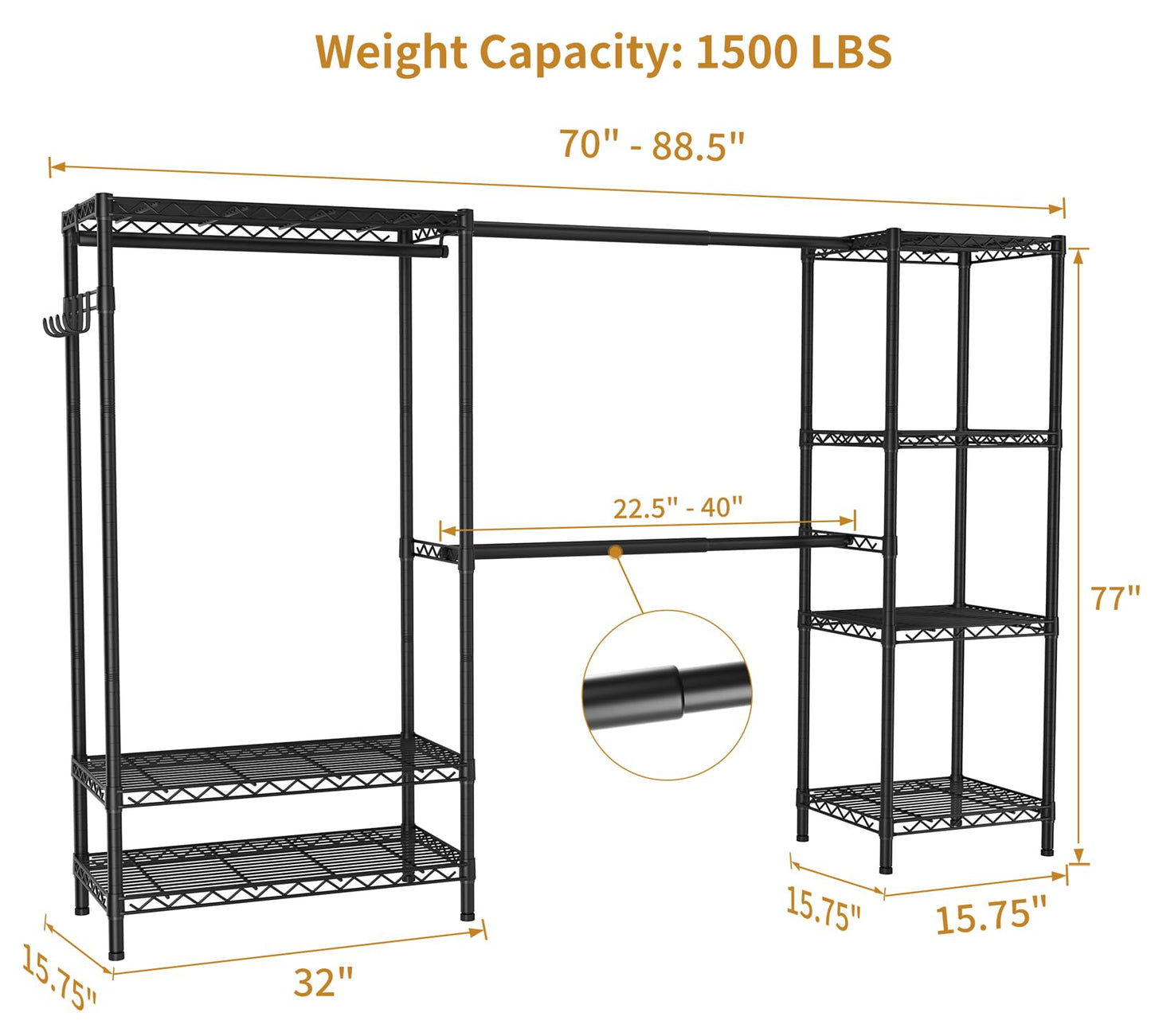 Golpart Heavy Duty Garment Rack Clothes Rack,Large Metal Closet Organizer System Storage Wardrobe,Freestanding Clothing Rack with 7 Adjustable Wire Shelves&3 Hang Rods,MaxLoad 1500lbs