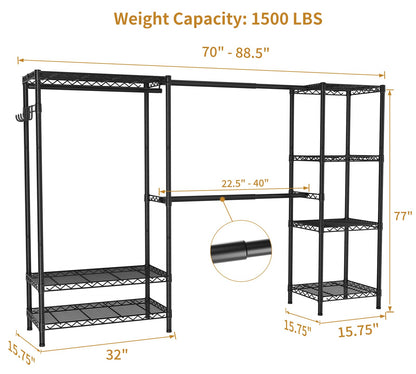 Golpart Heavy Duty Garment Rack Clothes Rack,Large Metal Closet Organizer System Storage Wardrobe,Freestanding Clothing Rack with 7 Adjustable Wire Shelves&3 Hang Rods,MaxLoad 1500lbs