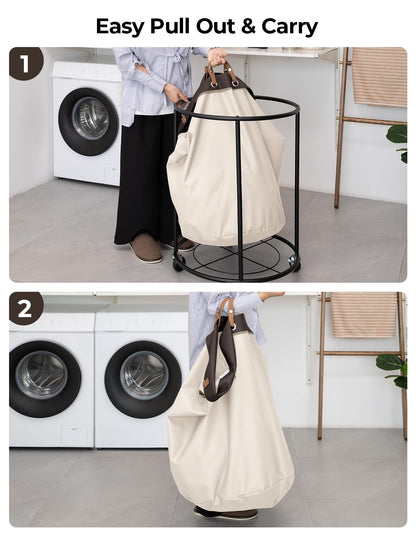 StorageWorks 170L Rolling Laundry Basket, Clothes Hamper with Wheels, Round Clothing Cart with Steel Frame and Removable Bag, 4 Casters and 2 Brakes, Beige, 1-Pack
