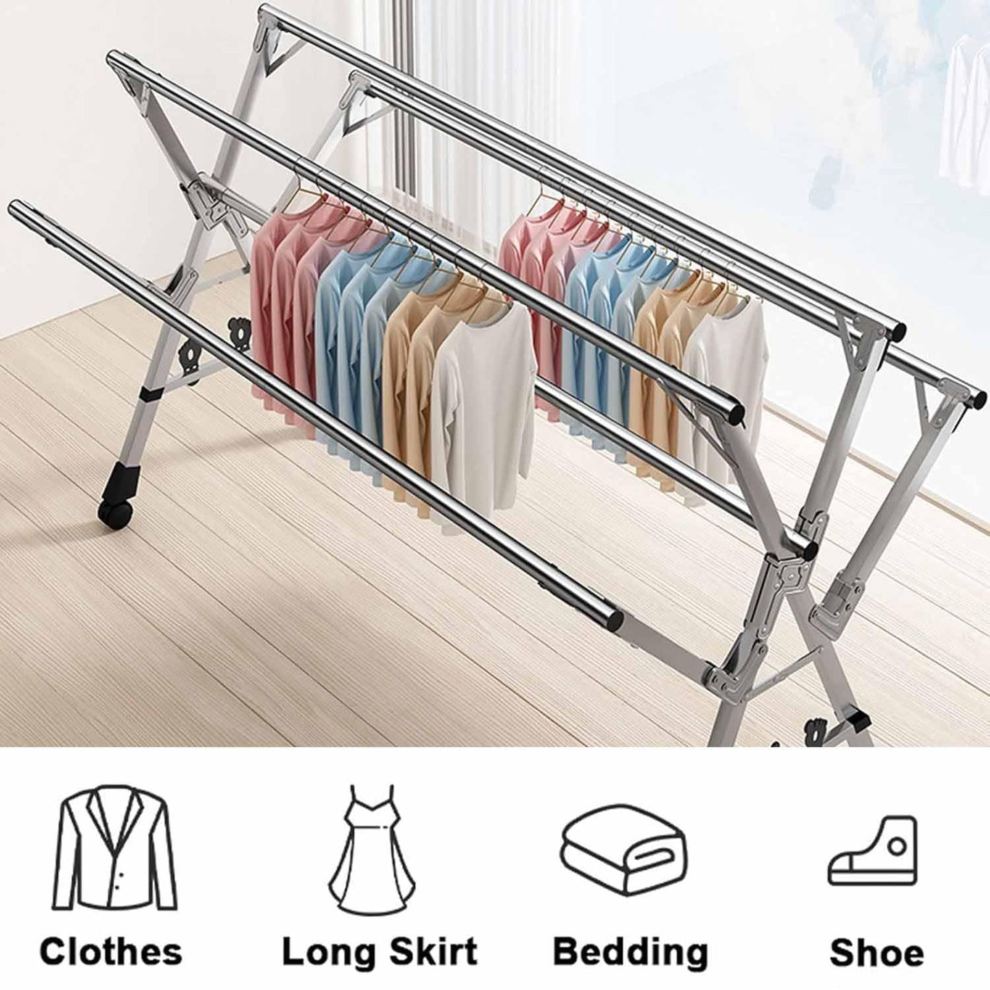 GRPDMDM 5Poles Folding Clothes Drying Rack,Stainless Steel Laundry Rack with Wheels, Blanket Rack,Clothe Sline, Extendable,with Windproof Hooks,for Indoor Outdoor