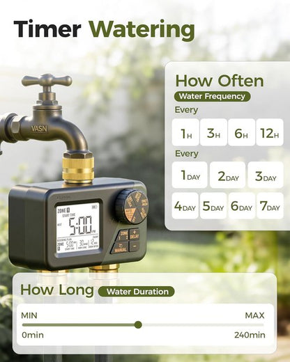 Diivoo Brass Sprinkler Timer - 2-Zone IP66 Waterproof Programmable Hose Timer | Large Display & Rain Delay for Garden Irrigation