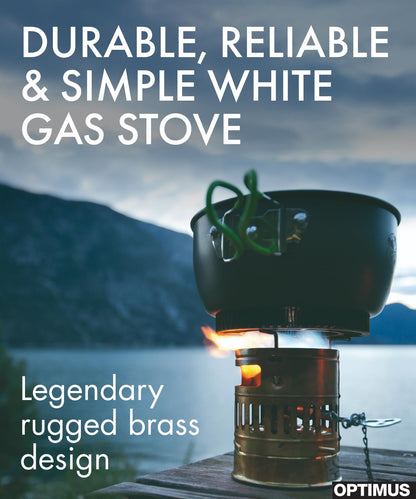 Optimus Svea Brass Backpacking Camp Stove, Single Burner White Gas Camping Stove for Mountaineering and Alpine Climbing, Self-Pressurizing Liquid Fuel Cooker