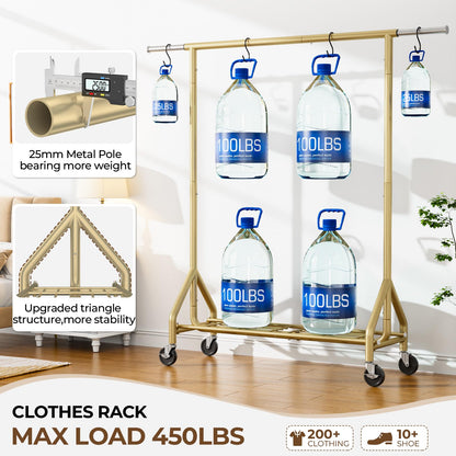HYSEYY Heavy Duty Clothes Rack Load 450 LBS, Metal Garment Rack, Standing Rolling Clothing Rack for Hanging Clothes with Sturdy Wheels & Shelves, Portable Closet Wardrobe Rack,Gold