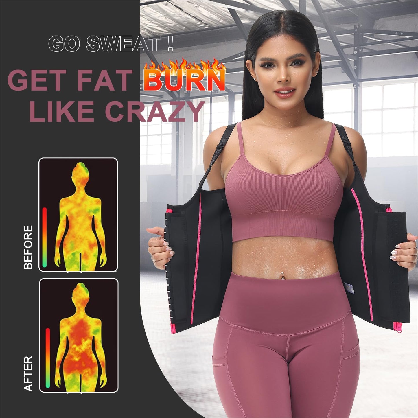 YADIFEN Waist Trainer Vest for Women,Zipper Corset Body Shaper for Tummy Control Neoprene Cincher Tank Top with Straps (Black-Pink, XS)