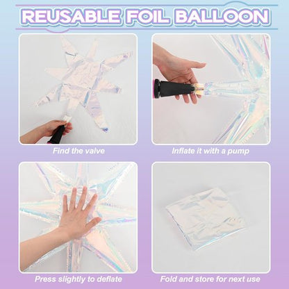 HILAVO 6PCS Iridescent Star Balloons, 22Inch Huge Iridescent Explosion Star Balloons Holographic Spike Cone Foil Balloon for Baby Shower Bridal Shower Wedding Birthday Party Decorations