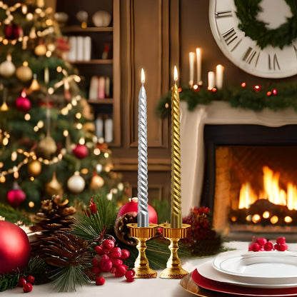 10 Inch Spiral Taper Candles Set for Christmas, 6 Gold and 6 Silver Unscented Twisted Candlesticks, Dripelss Thin Tapered Candles for Holiday Party Decoration