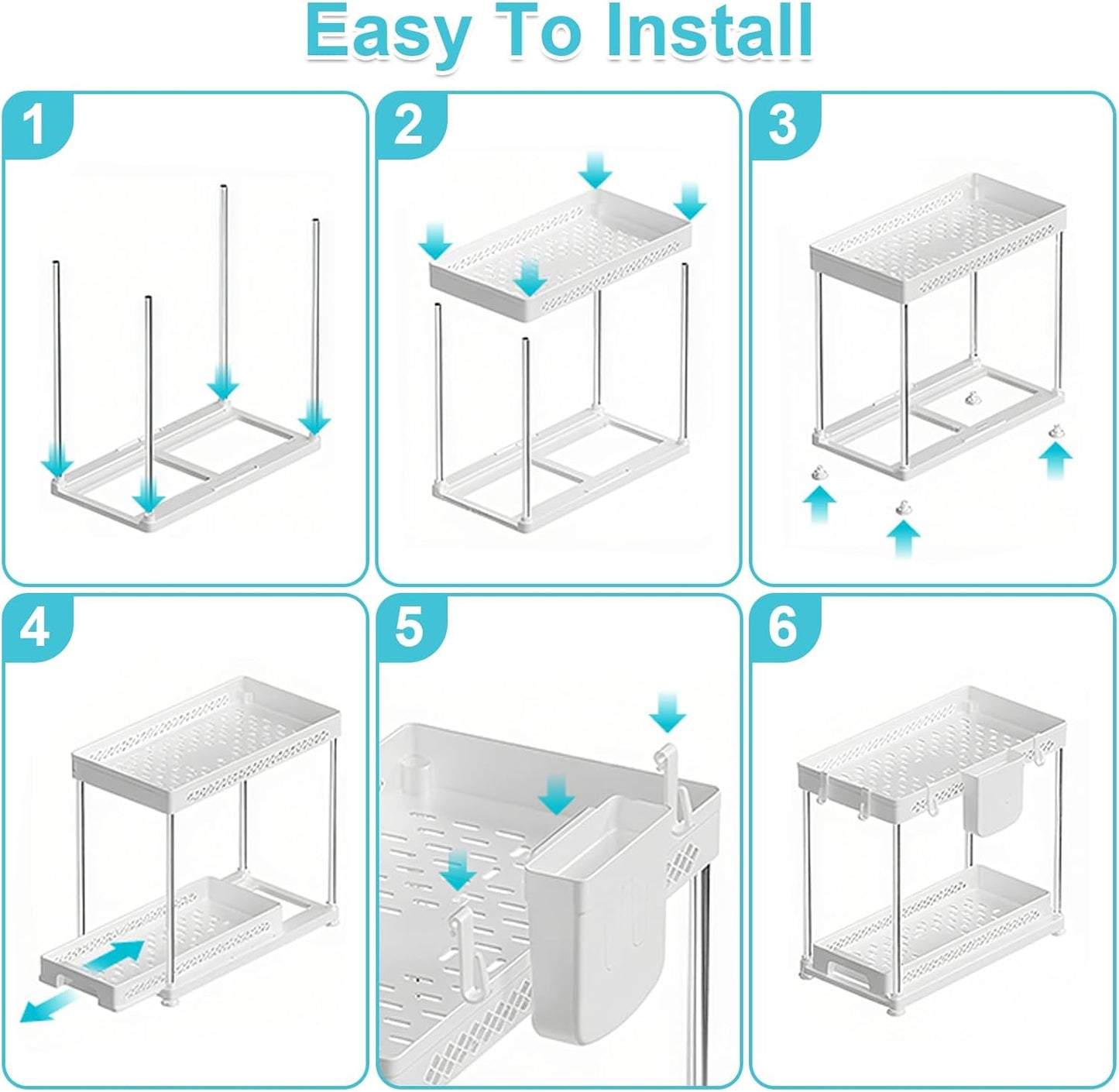 Under Kitchen Sink Organizer - 2-Tier Multi-Purpose Storage Solution | White, 2 Pack with Hooks