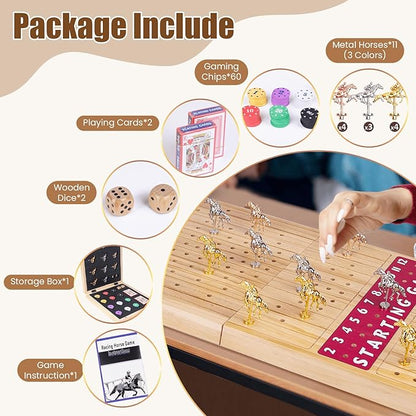 Extra Large 28 inches Foldable Horse Race Board Game for AdultsThickened Wood ChessboardIncludes 11 Luxurious Metal Horses 60 Chips2 Dice2 Boxes of CardsClassic Wooden Table Top Board Games