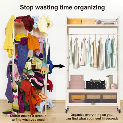 Freestanding Garment Rack, Portable Clothing Rack with Wheels and 4 Hooks, Rolling Organizer for Hanging Clothes and Storage, Wardrobe Shelves for Bedroom Living Room Home (Milky white, 100CM)