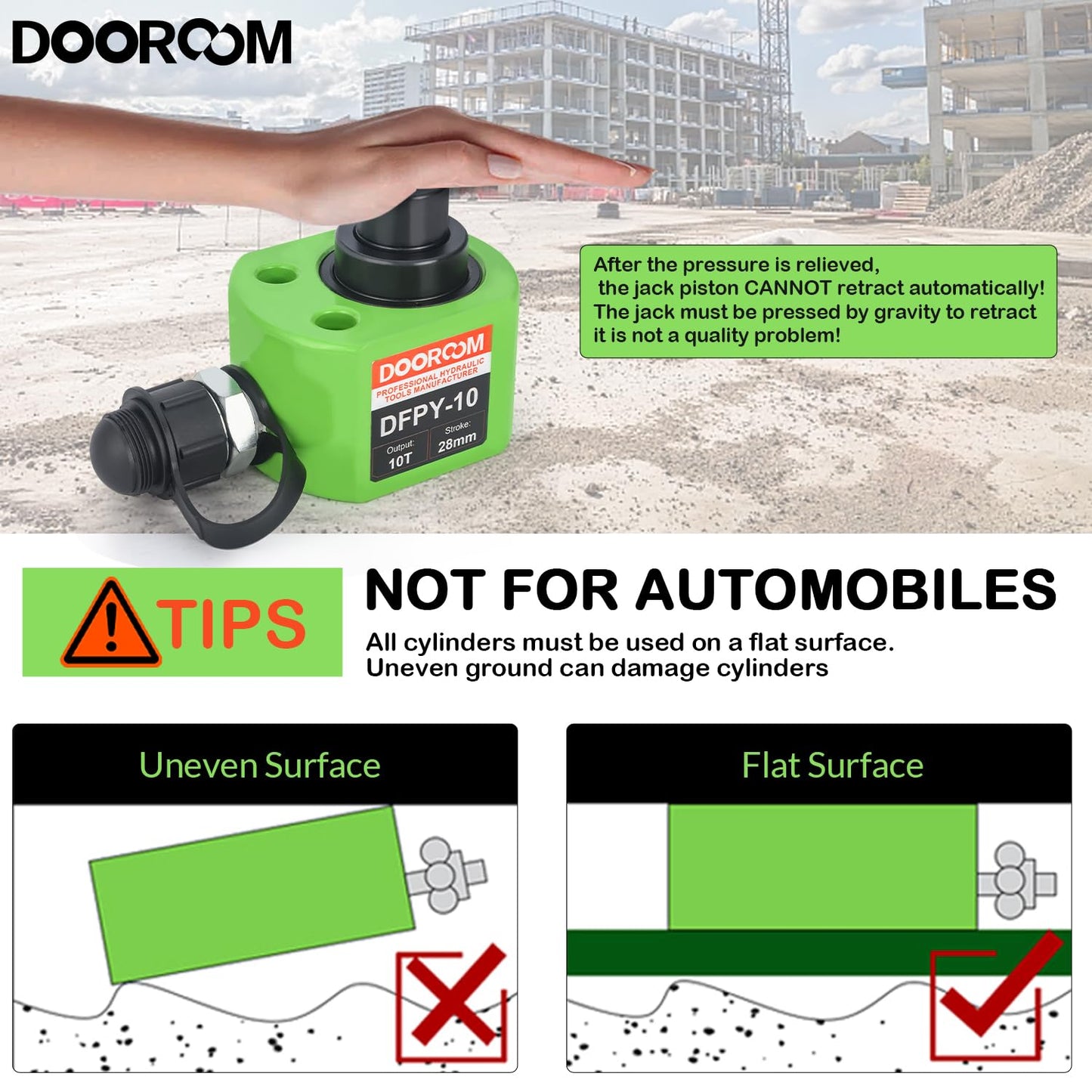 DOOROOM 10T 1.0"/26mm Stroke Portable Hydraulic Cylinder Portable Low Profile Jack Sets Multi-Acting Porta Power Ram Jack Kits Lifting Cylinder with CP-180 Hydraulic Hand Pump