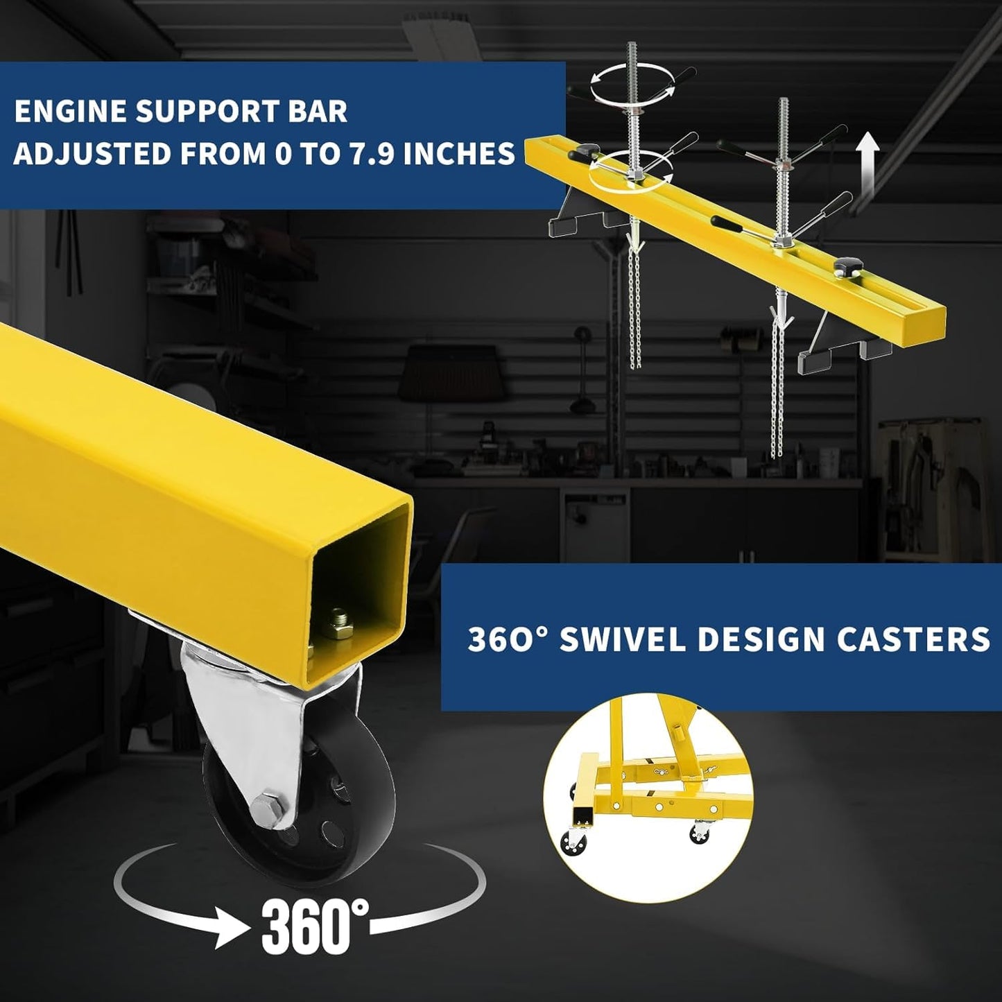 2 Ton Folding Hydraulic Engine Hoist with 59 in Load Leveler 4400 LBS Capacity Heavy Duty Cherry Picker 6 Swivel Wheels,Engine Support Bar 1100 LBS Capacity for Garage Workshop Warehouse Yellow