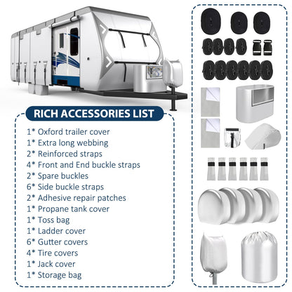 Mofeez Oxford Fabric Travel Trailer RV Cover, 420D Oxford Camper Covers 30-33 with Roof Top AC Waterproof Travel Trailer Cover with Tire Covers, Jack Cover and Propane Tank Cover
